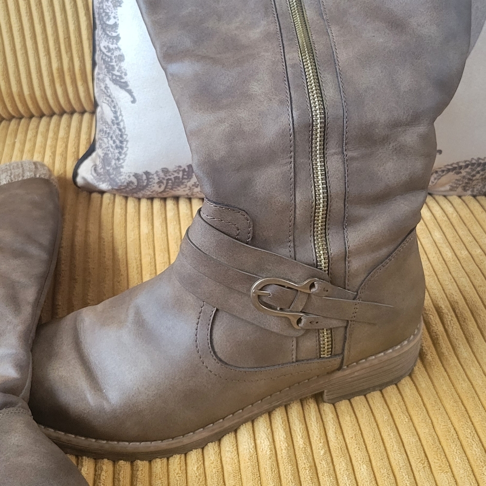 Wide calf zip up brown boots